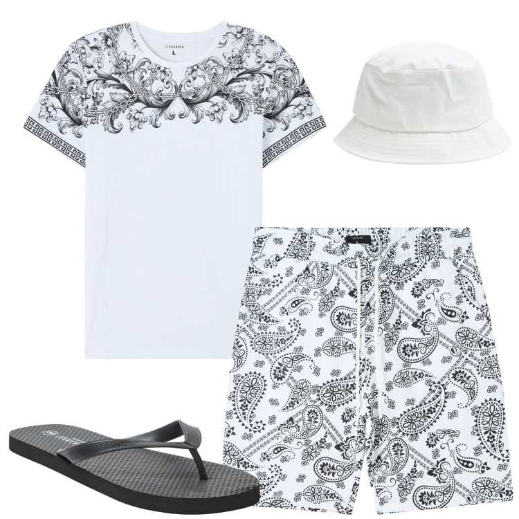 Outfit uomo - Al mare. Stile Casual per Mare. Abbinamento con t-shirt, bermuda, cappelli, sandali.
