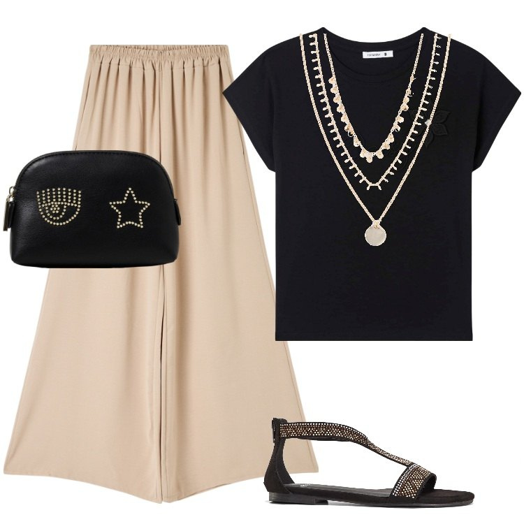 Outfit donna - Total look #1936293. Stile Etnico per Ufficio. Abbinamento con collane, sandali, t-shirt, pantaloni, valigie.