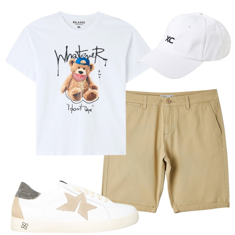 Outfit uomo - City. Stile Urban per Tutti i giorni. Abbinamento con t-shirt, bermuda, sneakers, cappelli.