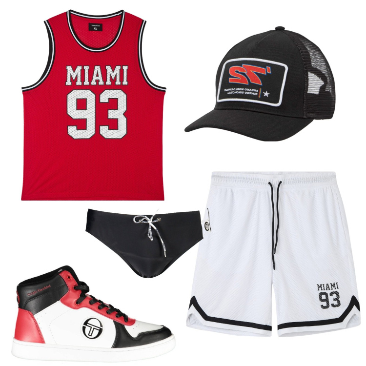 Outfit uomo - Al mare in moto. Stile Biker Rock per Mare. Abbinamento con cappelli, canottiere, bermuda, sneakers, costumi.