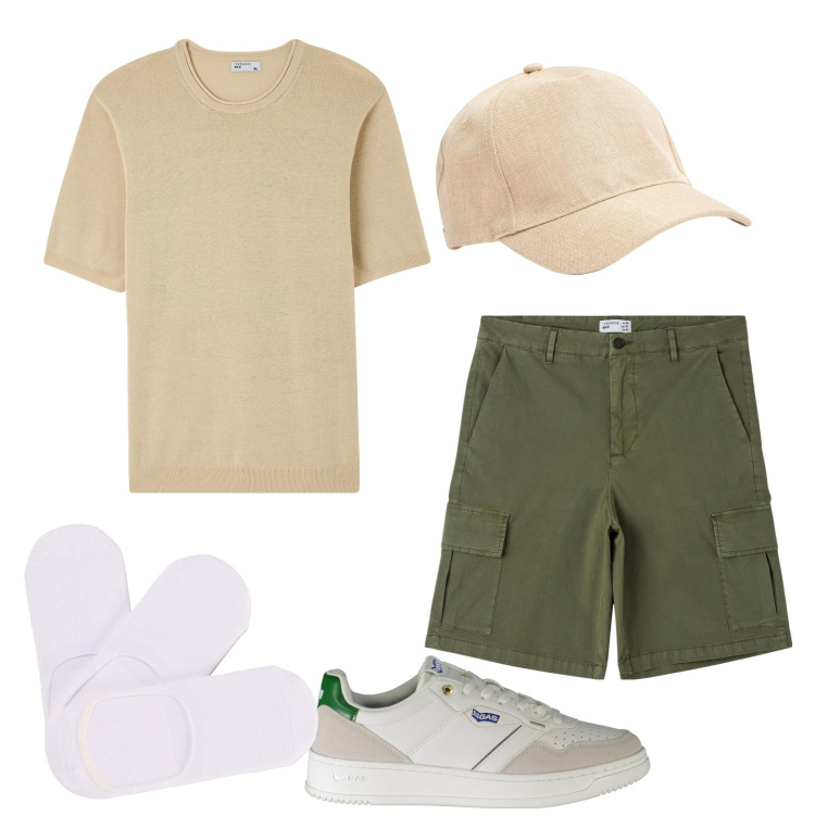 Outfit uomo - Casual verde e sabbia. Stile Casual per Tutti i giorni. Abbinamento con t-shirt, cappelli, calzini, bermuda, sneakers.