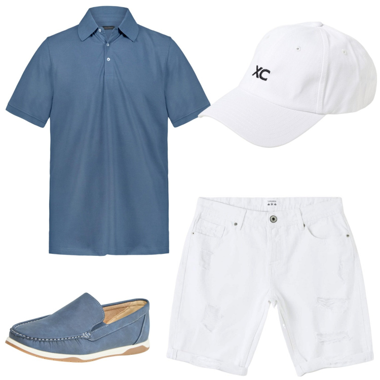 Outfit uomo - Casual con pantaloni corti e polo. Stile Casual per Tutti i giorni. Abbinamento con bermuda, scarpe stringate, polo, cappelli.