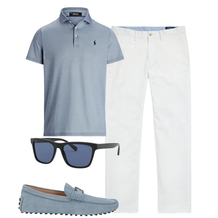 Outfit uomo - Total look #1936320. Stile Urban per Tutti i giorni. Abbinamento con scarpe stringate, pantaloni, occhiali da sole, polo.
