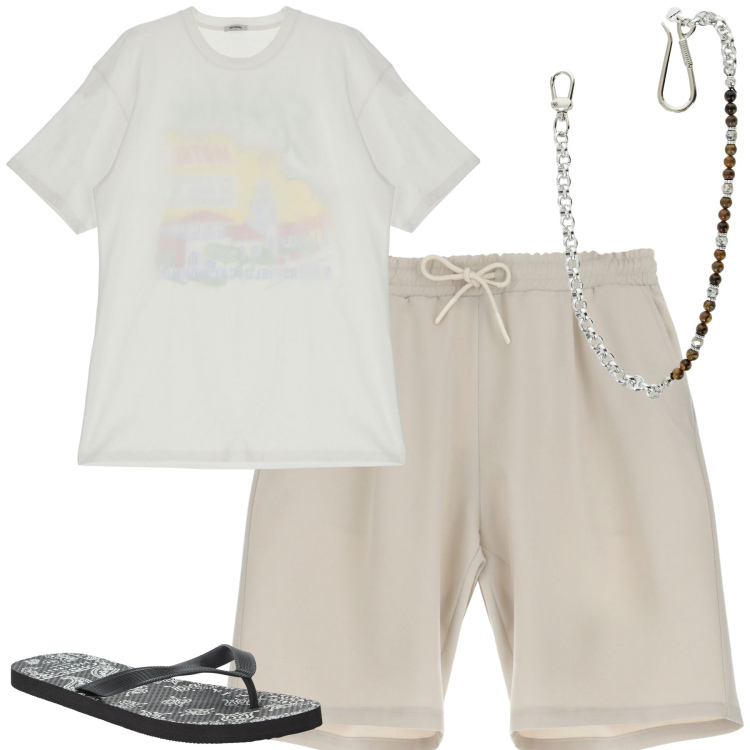 Outfit uomo - Total look #1936337. Stile Casual per Mare. Abbinamento con sandali, t-shirt, collane, bermuda.