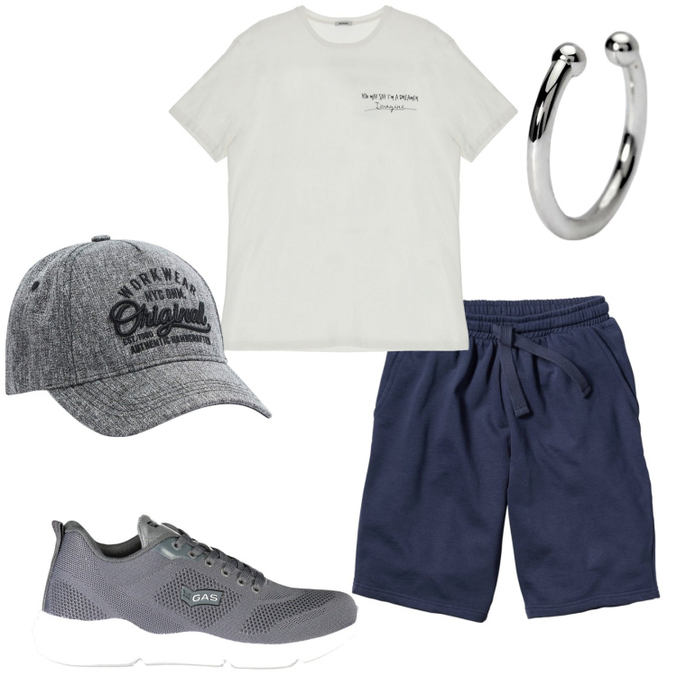 Outfit uomo - Cool. Stile Casual per Tutti i giorni. Abbinamento con bermuda, cappelli, orecchini, t-shirt, sneakers.