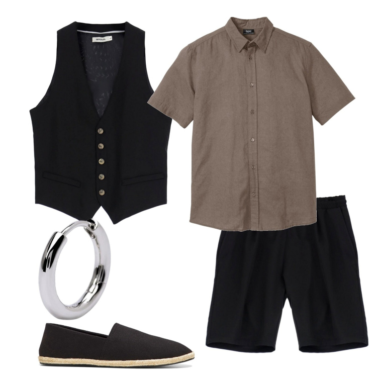 Outfit uomo - My boy. Stile Trendy per Serata speciale. Abbinamento con espadrillas, camicie a manica corta, orecchini, gilet, bermuda.