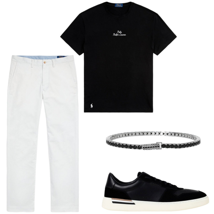Outfit uomo - B&W. Stile Casual per Serata speciale. Abbinamento con braccialetti, pantaloni, t-shirt, sneakers.