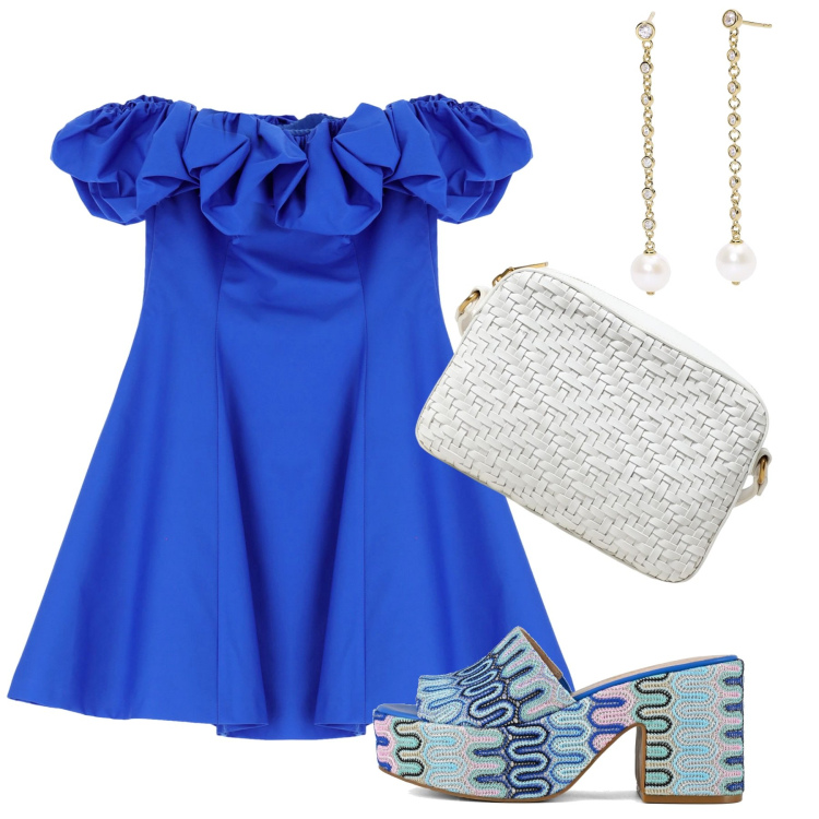Outfit donna - Summer night blu cobalto. Stile Chic per Serata fuori. Abbinamento con orecchini, vestiti corti, sabot, borse a tracolla.