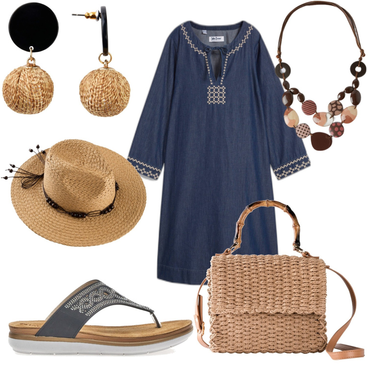 Outfit donna - Boho-chic denim. Stile Boho per Tutti i giorni. Abbinamento con orecchini, vestiti, borse a mano, cappelli, collane, ciabatte.
