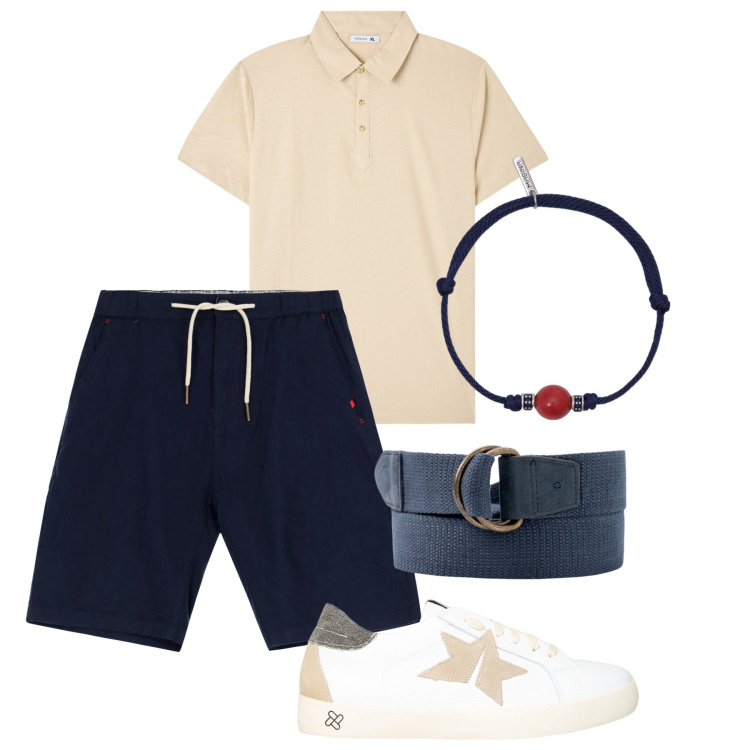 Outfit uomo - Casual in città. Stile Casual per Tutti i giorni. Abbinamento con polo, braccialetti, sneakers, bermuda, cinture.