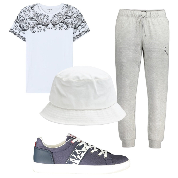 Outfit uomo - Total look #1936381. Stile Trendy per Tutti i giorni. Abbinamento con t-shirt, cappelli, sneakers, pantaloni.