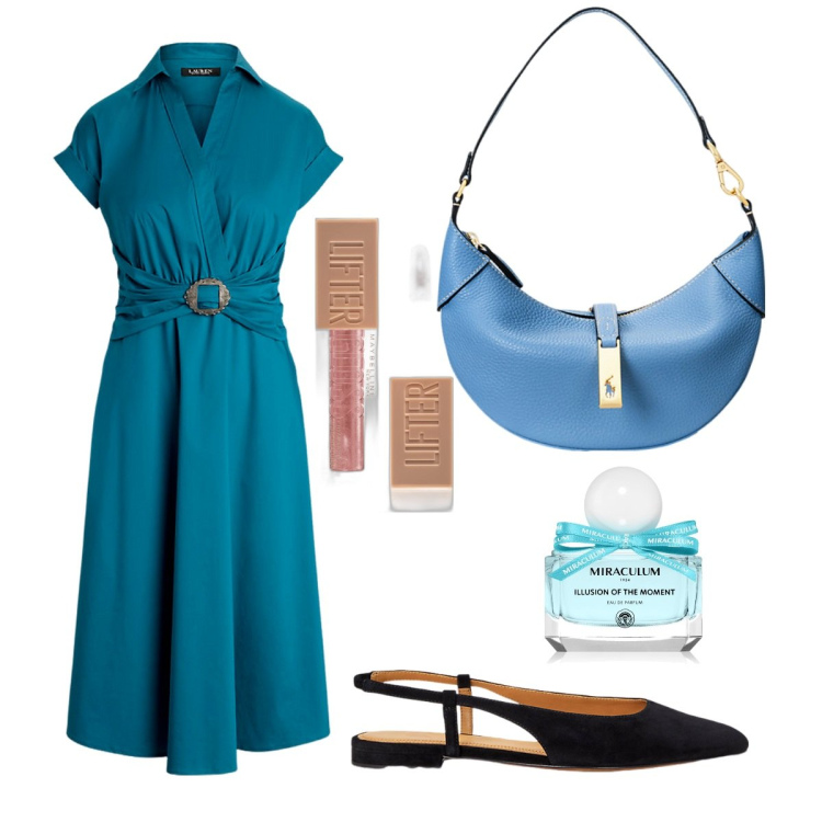 Outfit donna - Abito ottanio. Stile Glamour per Ufficio. Abbinamento con profumi, gloss, vestiti, ballerine, borse a spalla.