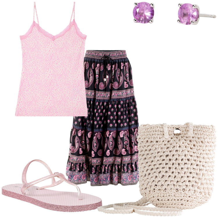 Outfit donna - Etnico chic. Stile Etnico per Tutti i giorni. Abbinamento con gonne lunghe, borse a tracolla, canottiere, sandali, orecchini.