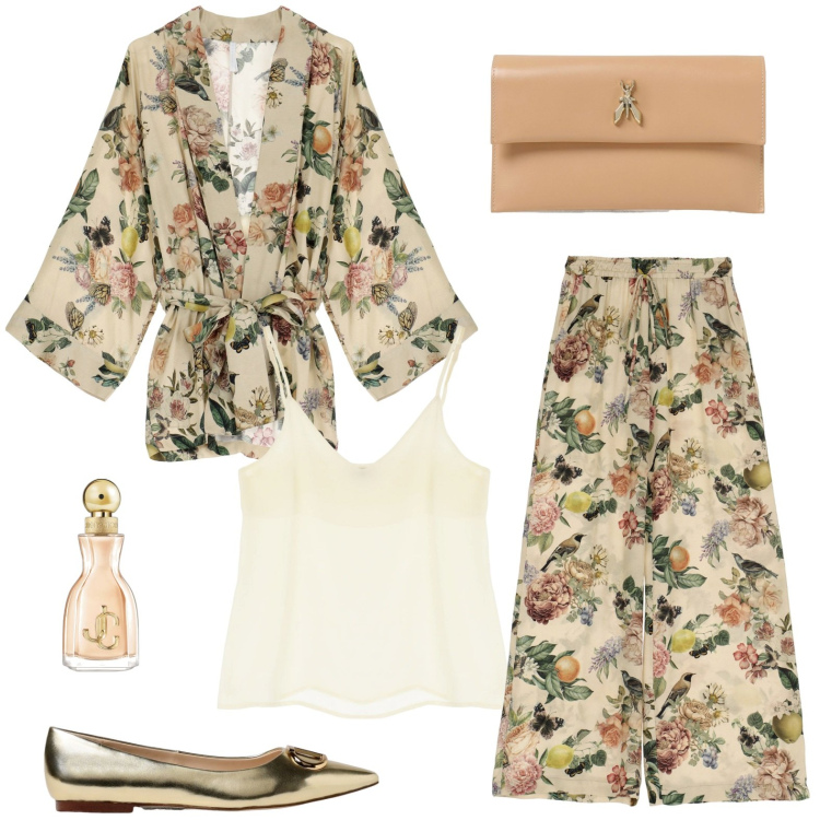 Outfit donna - Il completo fruttato. Stile Casual per Tutti i giorni. look ideale per Petite. Abbinamento con profumi, pantaloni a palazzo, cardigans, canottiere, ballerine, clutch.