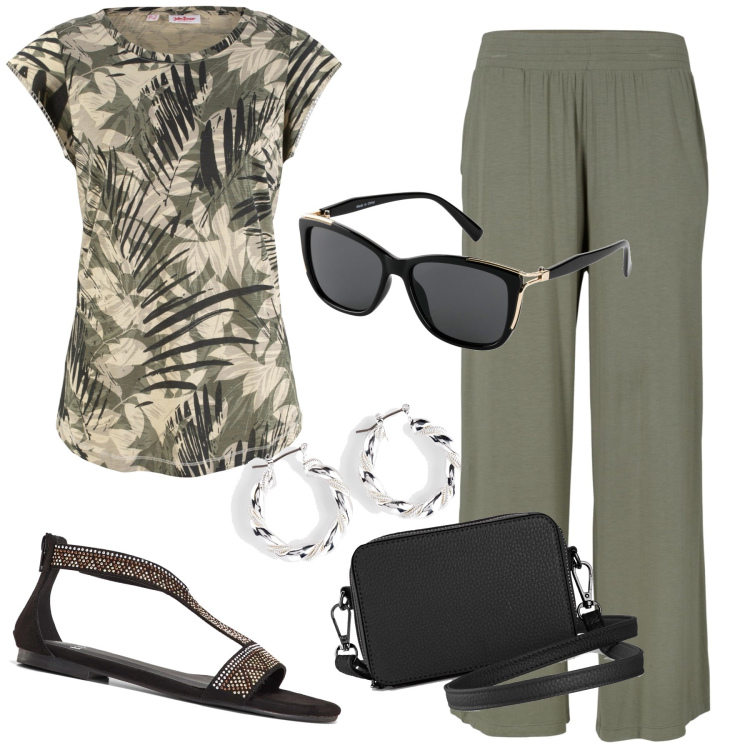 Outfit donna - Verde oliva e nero. Stile Urban per Tutti i giorni. Abbinamento con pantaloni, orecchini, borse a tracolla, maglieria, occhiali da sole, sandali.