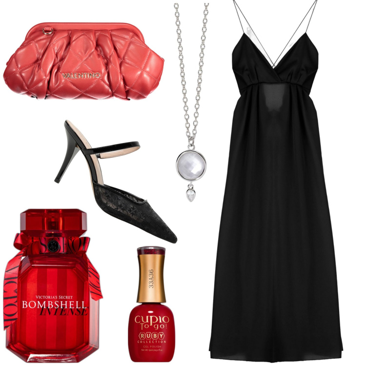 Outfit donna - Sere d\'estate. Stile Chic per Serata fuori. Abbinamento con smalti, profumi, collane, vestiti lunghi, scarpe col tacco, borse a mano.