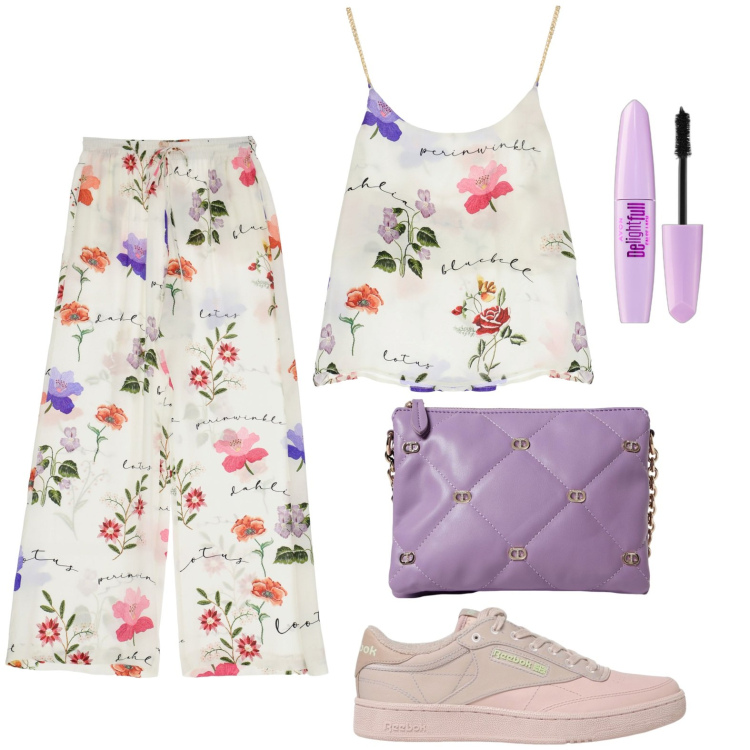 Outfit donna - Vestita di fiori. Stile Basic per Tutti i giorni. look ideale per Petite. Abbinamento con mascara, pantaloni, canottiere, borse a tracolla, sneakers.