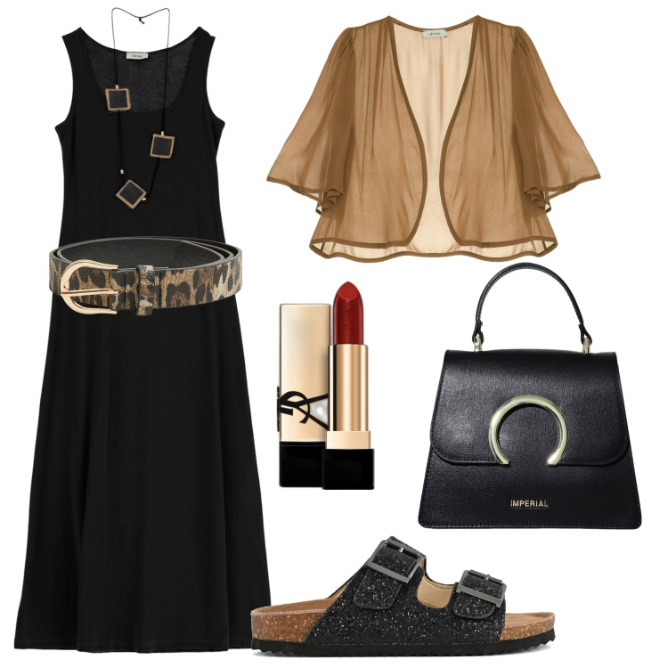 Outfit donna - Serata black. Stile Casual chic per Serata fuori. Abbinamento con rossetti, cinture, borse a spalla, cardigans, vestiti lunghi, sandali.