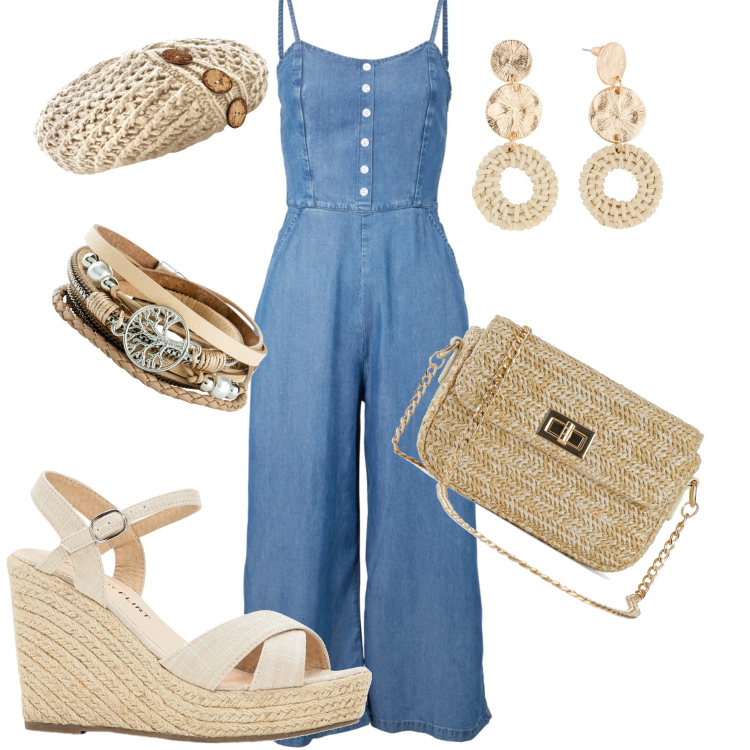 Outfit donna - In giro per la città. Stile Casual chic per Tutti i giorni. Abbinamento con sandali, braccialetti, orecchini, tute, berretti, borse a mano.