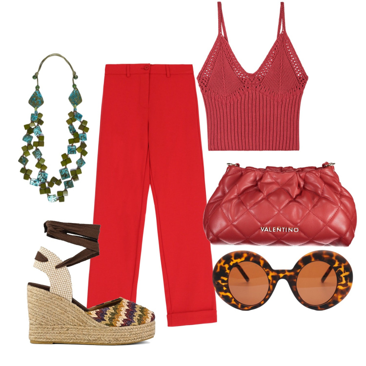 Outfit donna - Ghost outfitter - agosto. Stile Casual per Tutti i giorni. Abbinamento con top, pantaloni, occhiali da sole, sandali col tacco, borse a mano, collane.