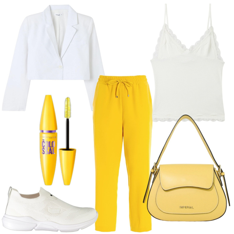 Outfit donna - Pantaloni gialli. Stile Bon Ton per Tutti i giorni. Abbinamento con mascara, top, blazer, pantaloni, borse a spalla, sneakers.