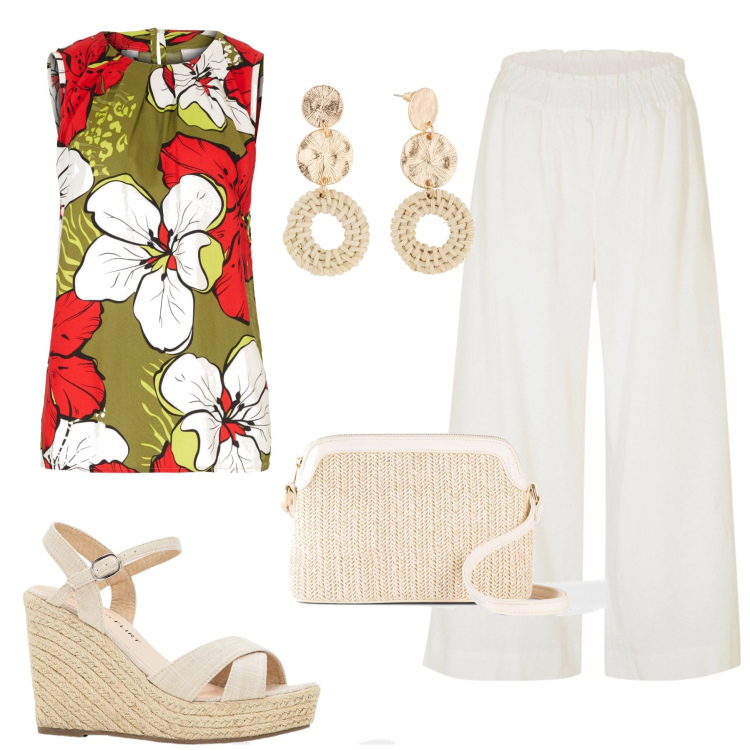 Outfit donna - Top a fiori e bianco. Stile Casual chic per Ufficio. Abbinamento con top, pantaloni culotte, borse a tracolla, sandali, orecchini.