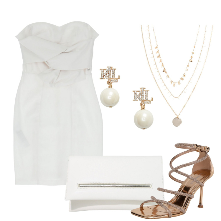 Outfit donna - White dress. Stile Glamour per Serata fuori. Abbinamento con collane, sandali col tacco, vestiti corti, pochette, orecchini.