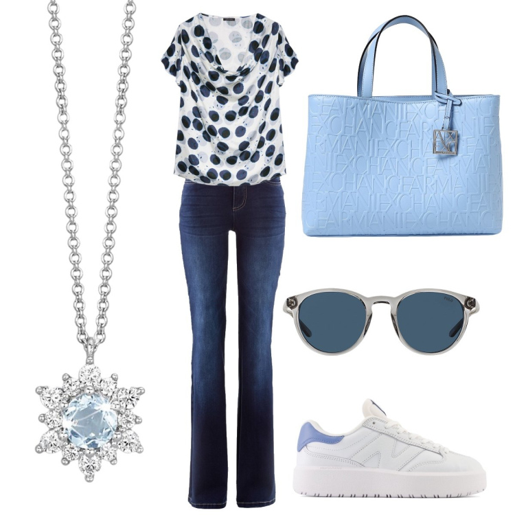 Outfit donna - Sfumature di blu. Stile Casual chic per Ufficio. Abbinamento con jeans bootcut, collane, sneakers, occhiali da sole, top, borse tote.