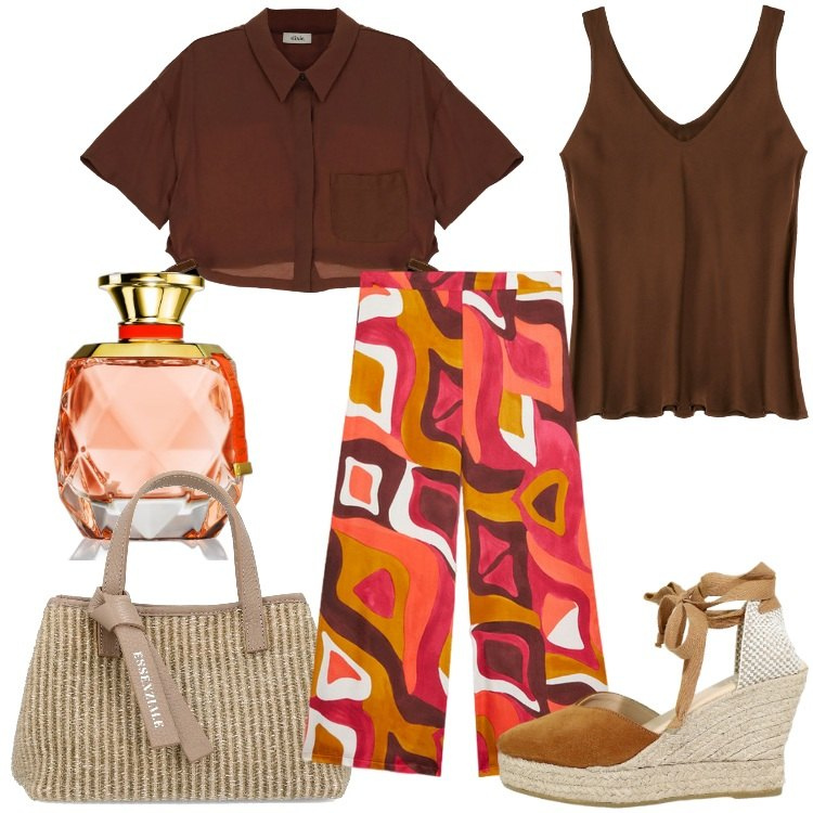 Outfit donna - Afroarancio. Stile Boho per Tutti i giorni. Abbinamento con profumi, zeppe, canottiere, camicie a manica corta, pantaloni a palazzo, borse a mano.