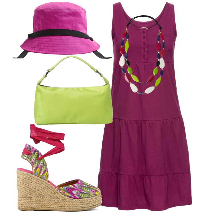 Outfit donna - Turistas. Stile Urban per Tutti i giorni. Abbinamento con vestiti corti, cappelli, sandali col tacco, collane, borse a spalla.