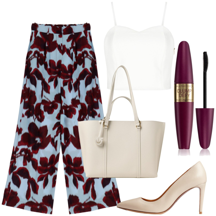 Outfit donna - Maxi fiori. Stile Glamour per Tutti i giorni. Abbinamento con mascara, top, décolleté, pantaloni a palazzo, borse tote.