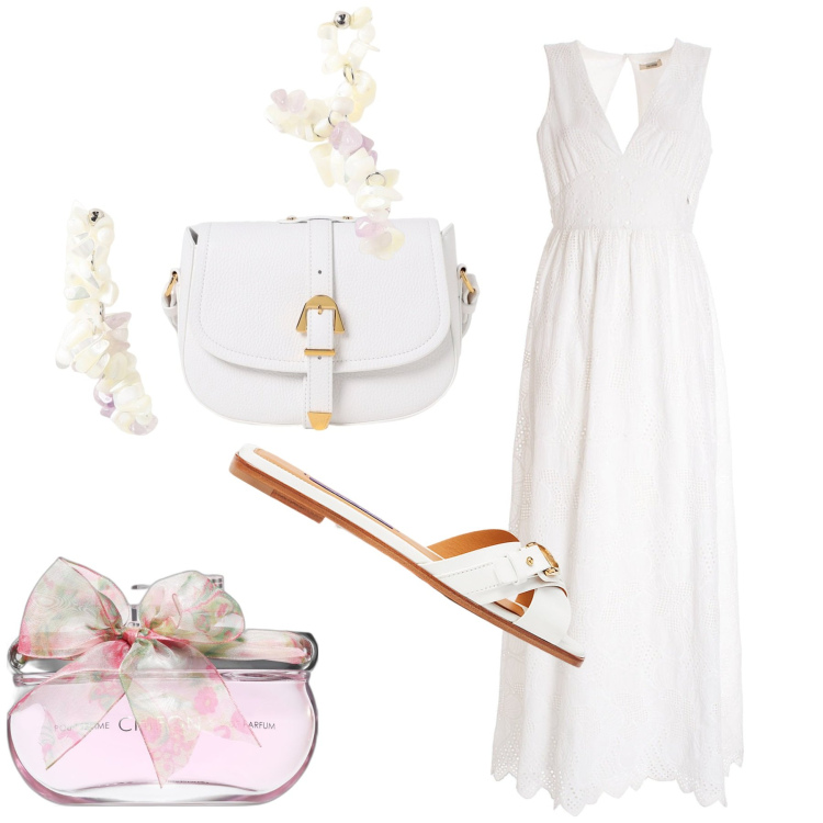 Outfit donna - Bianca estate. Stile Casual chic per Tutti i giorni. Abbinamento con profumi, vestiti lunghi, sandali col tacco, borse a tracolla, orecchini.