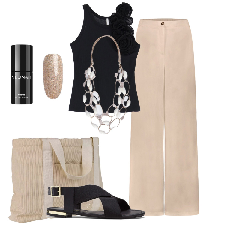 Outfit donna - Pratica per una mattina frenetica. Stile Urban per Tutti i giorni. Abbinamento con sandali, smalti, shopping bag, canottiere, collane, pantaloni.