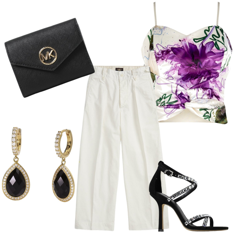 Outfit donna - Che top delizioso. Stile Glamour per Serata fuori. Abbinamento con orecchini, top, pantaloni, portafogli, sandali col tacco.