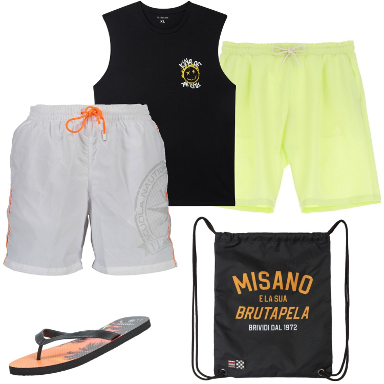 Outfit uomo - Al mare. Stile Casual per Tutti i giorni. Abbinamento con borse sportive, sandali, canottiere, bermuda, costumi.