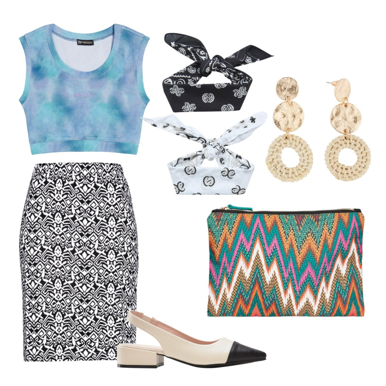 Outfit donna - Total look #1936497. Stile Boho per Tutti i giorni. Abbinamento con gonne, décolleté, orecchini, fasce per capelli, top, pochette.