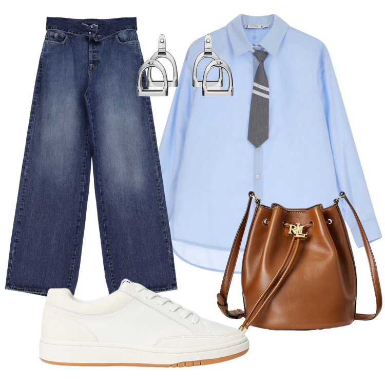 Outfit donna - Total look #1936501. Stile Minimal Abbinamento con camicie, jeans, orecchini, sneakers, borse a secchiello.