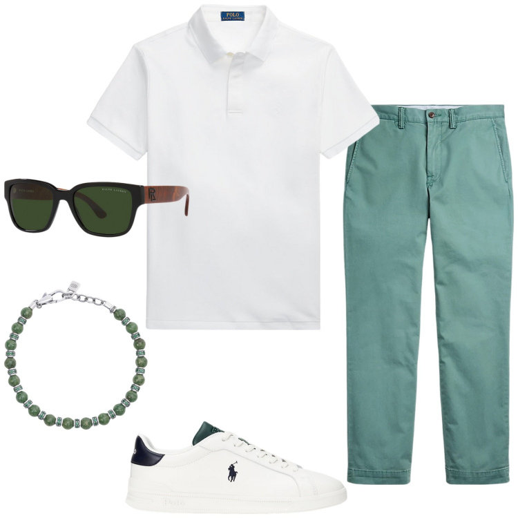 Outfit uomo - Self confidence. Stile Casual per Tutti i giorni. Abbinamento con braccialetti, pantaloni, sneakers, occhiali da sole, polo.