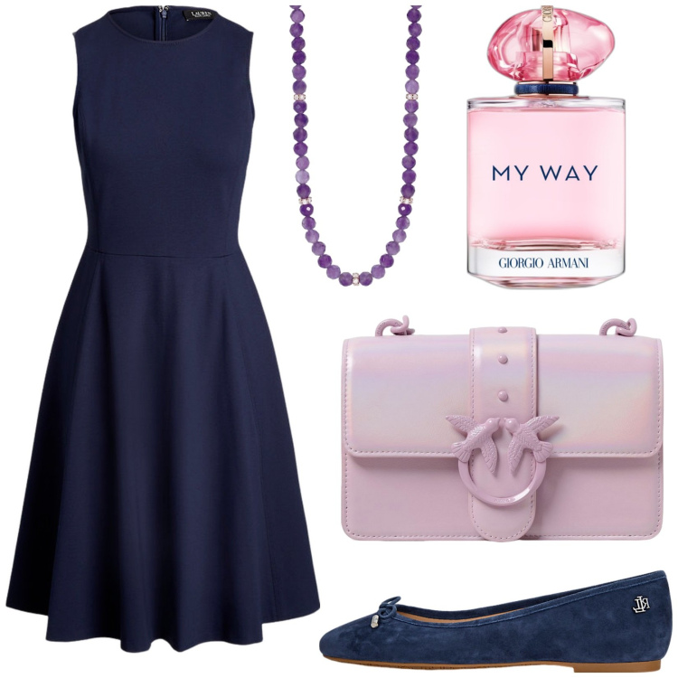 Outfit donna - Total look #1936515. Stile Bon Ton per Serata fuori. Abbinamento con profumi, collane, vestiti senza maniche, ballerine, borse a tracolla.