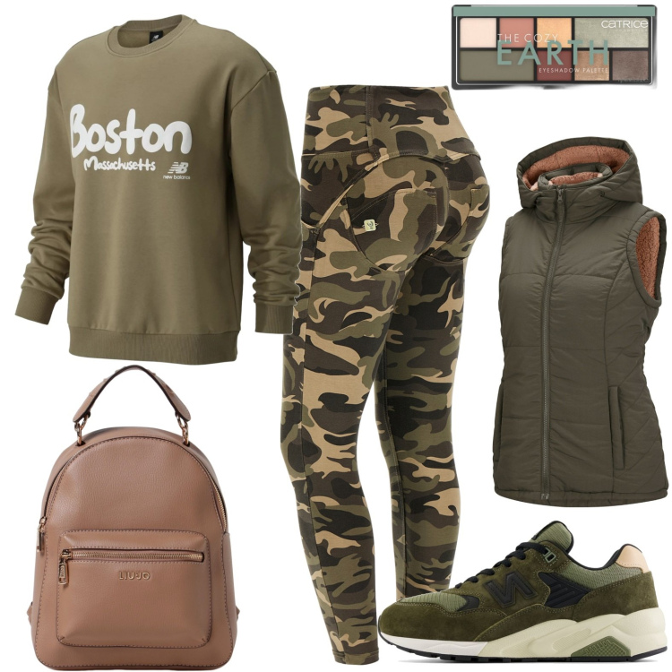 Outfit donna - Camouflage. Stile Military per Tutti i giorni. Abbinamento con gilet, ombretti, sneakers, felpe, pantaloni skinny, zaini.
