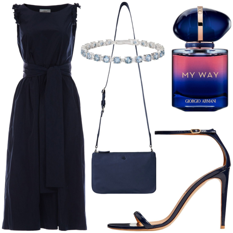 Outfit donna - Blu notte. Stile Chic per Cerimonia. Abbinamento con profumi, braccialetti, sandali in pelle, borse a tracolla, vestiti.