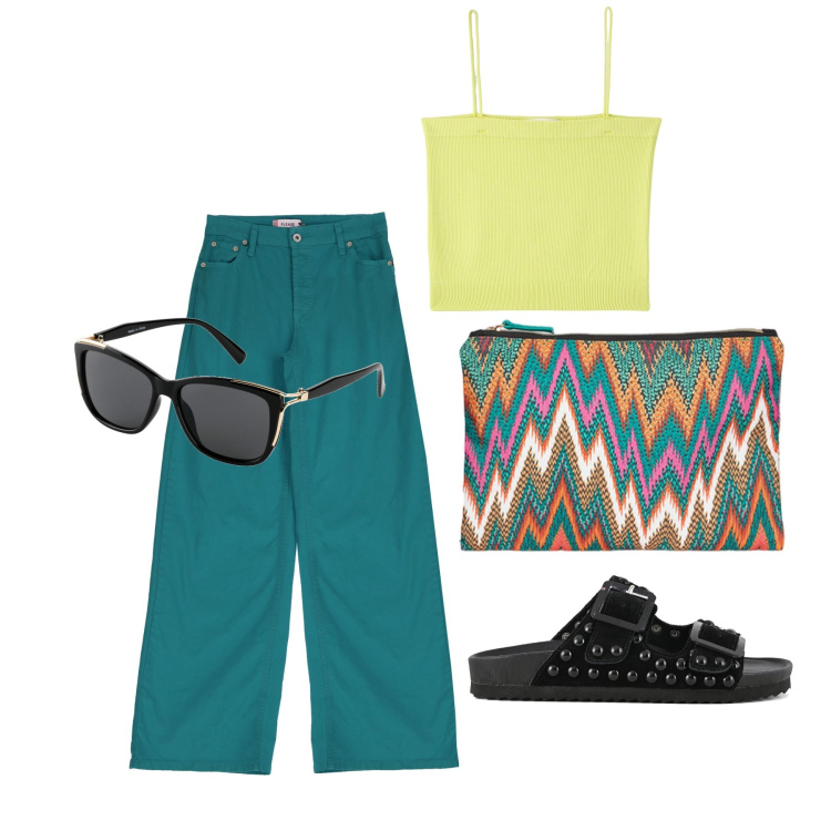 Outfit donna - Ghost outfitter - agosto. Stile Casual per Tutti i giorni. Abbinamento con occhiali da sole, canottiere, jeans, pochette, sandali.