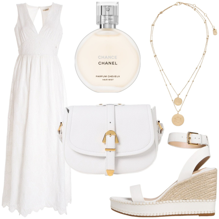 Outfit donna - Total look #1936525. Stile Chic per Serata fuori. Abbinamento con profumi, vestiti lunghi, ciondoli, borse a tracolla, sandali in pelle.