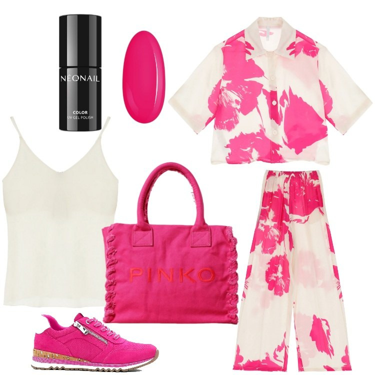Outfit donna - Petali fucsia. Stile Basic per Tutti i giorni. Abbinamento con sneakers, smalti, pantaloni a palazzo, camicie a manica corta, canottiere, borse tote.
