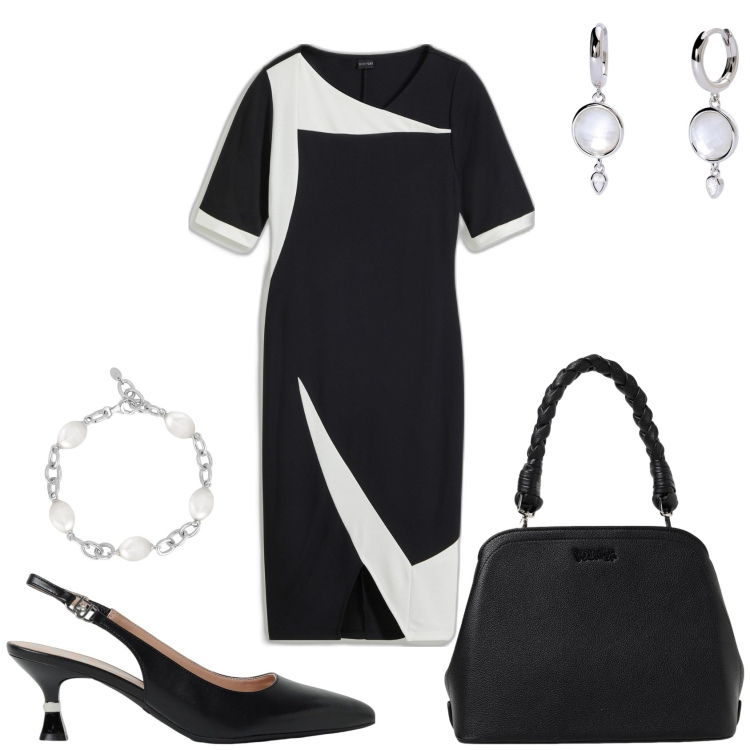 Outfit donna - Evento elegante. Stile Chic per Serata fuori. Abbinamento con vestiti a tubino, orecchini, braccialetti, borse a spalla, scarpe col tacco.
