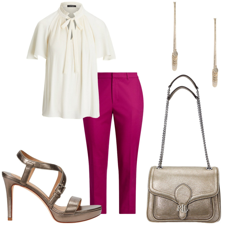 Outfit donna - Incontro con il futuro. Stile Glamour per Tutti i giorni. Abbinamento con camicie, pantaloni, sandali in pelle, borse a spalla, orecchini.