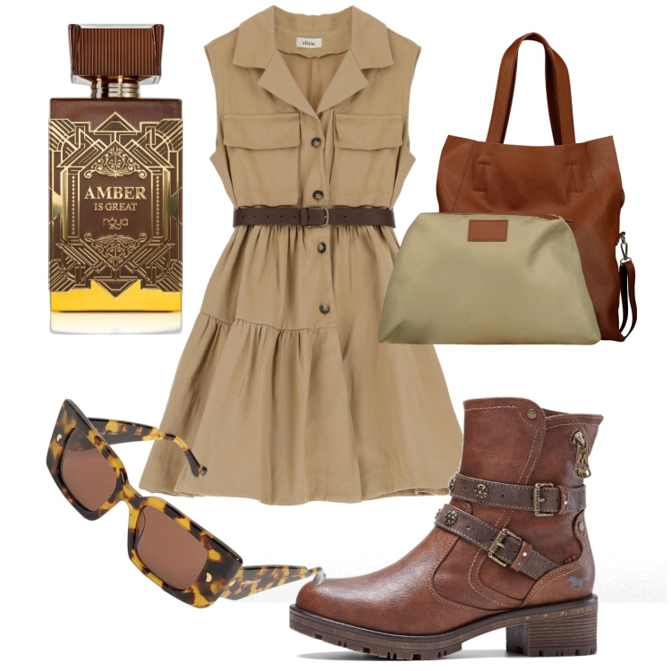 Outfit donna - Cuoio e beige. Stile Casual per Tutti i giorni. Abbinamento con stivaletti, profumi, vestiti corti, shopping bag, occhiali da sole.