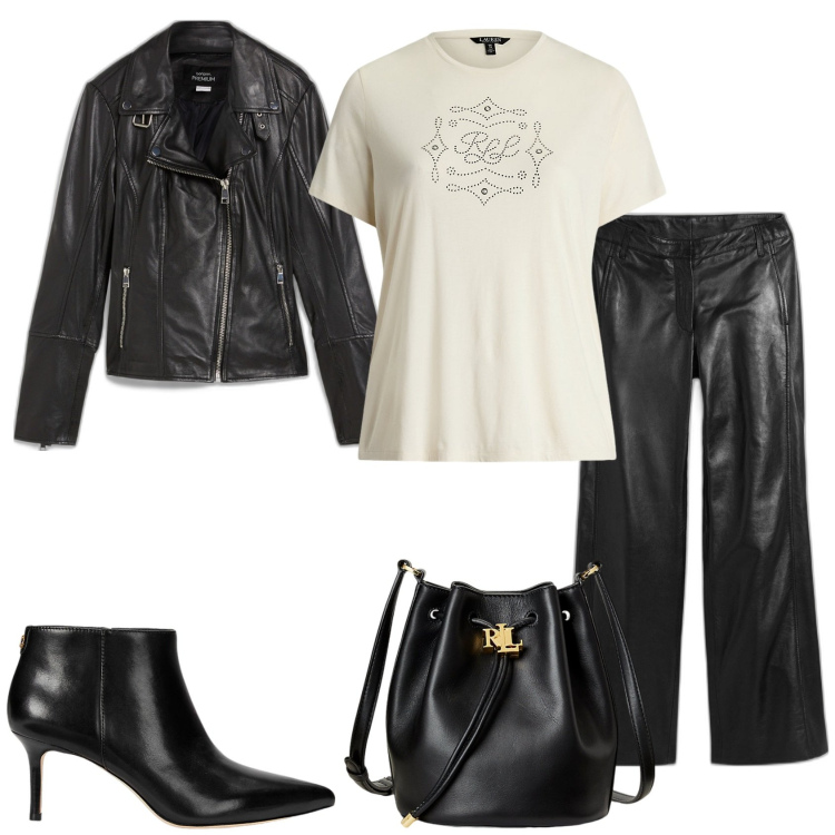 Outfit donna - Ðark anche per me. Stile Rock per Tutti i giorni. Abbinamento con pantaloni, blazer, t-shirt, borse a secchiello, stivaletti.