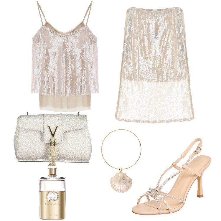 Outfit donna - Cerimonia. Stile Glamour per Cerimonia. Abbinamento con profumi, sandali col tacco, gonne longuette, top, braccialetti, borse a tracolla.