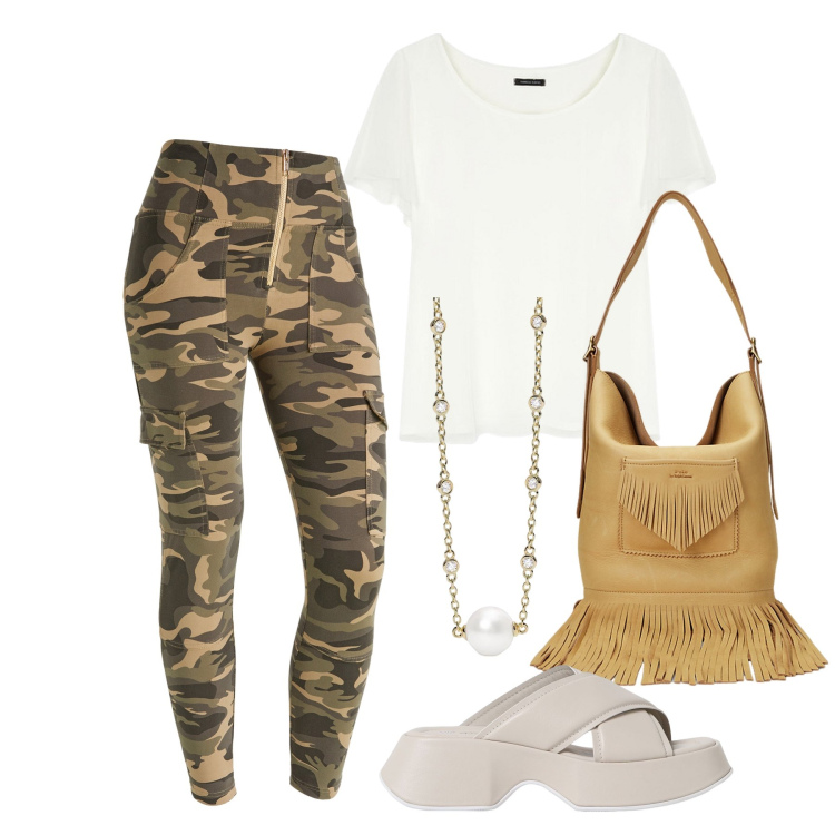 Outfit donna - Ghost outfitter - agosto. Stile Military per Tutti i giorni. Abbinamento con collane, pantaloni cargo, borse a secchiello, t-shirt, sandali.